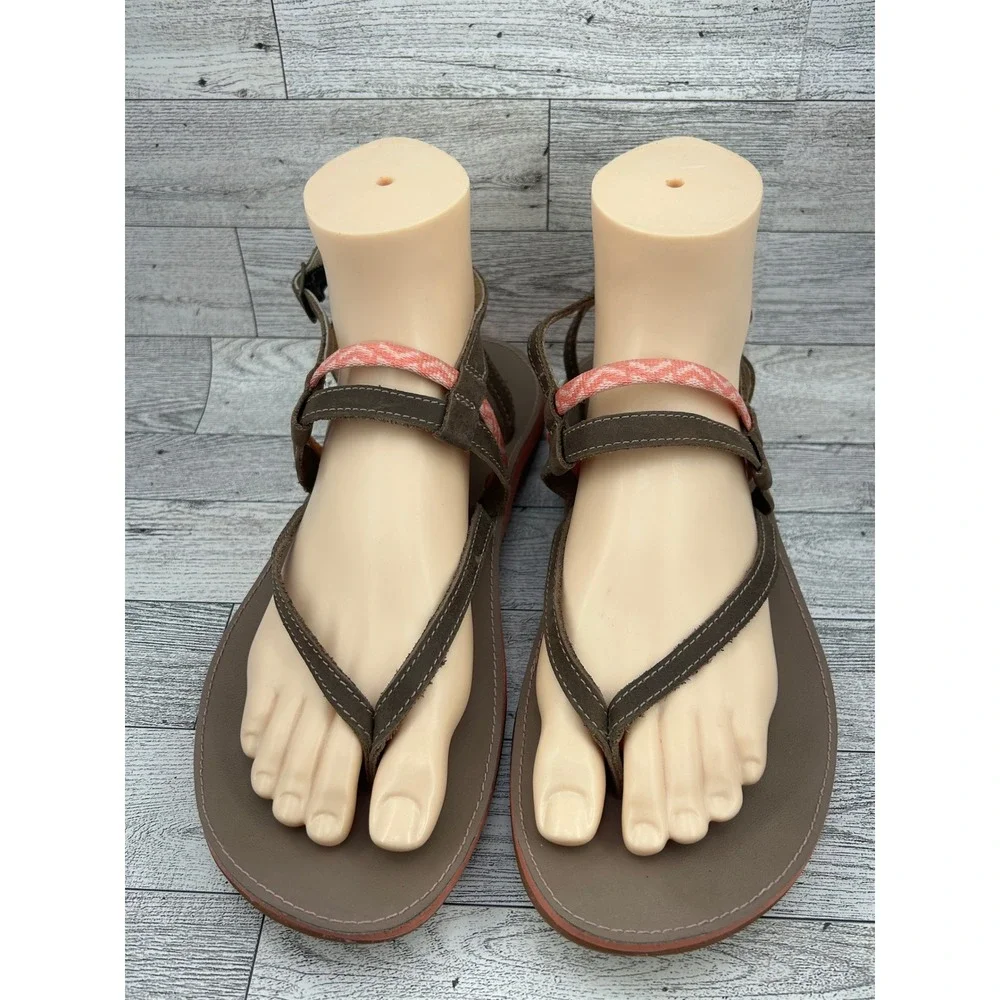 Chaco Women Leather Strappy Thong Sandals Brown Coral Size 10‎ LUVSEAT Footbed